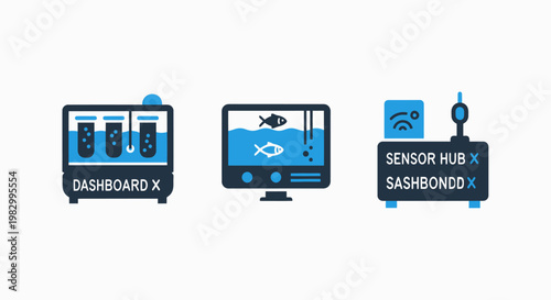 Industrial sensor hub and water quality monitoring dashboard icons for aquaculture management with dashboard monitoring aquaculture industrial technology internet automation analysis telemetry