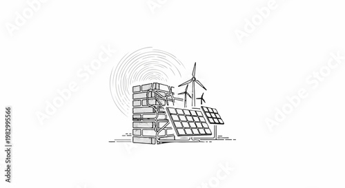 Sketch of renewable energy sources including wind turbines and solar panels