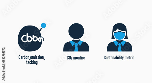 Carbon emission tracking and sustainability monitoring icons with emission tracking sustainability monitoring environment pollution analysis corporate responsibility business protection