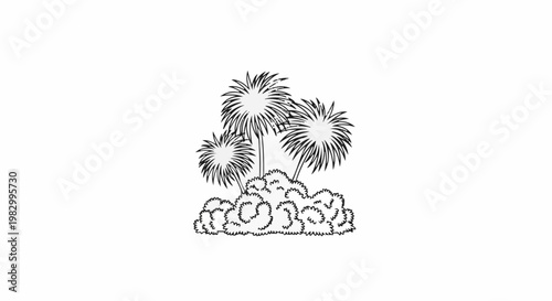 Stylized sketch of three palm trees emerging from dense shrubbery