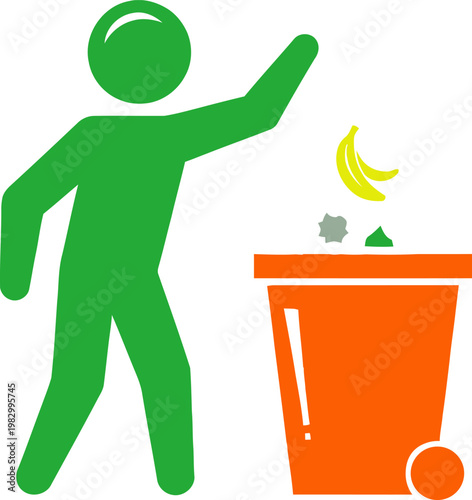 Green Human Icon Throwing Waste into Orange Bin Illustration