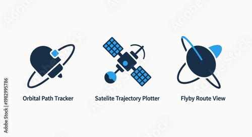 Satellite orbital tracking and spatial navigation data icons for aerospace engineering with satellite tracking trajectory navigation aerospace engineering communication technology exploration