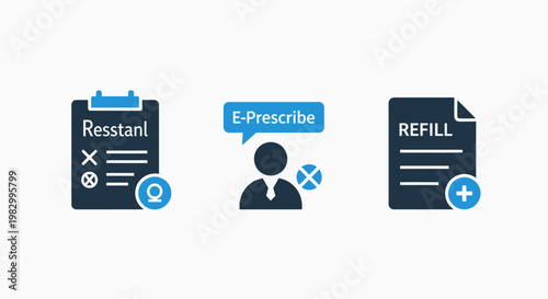 Medical prescription and pharmacy refill management icons for healthcare systems with prescription pharmacy healthcare medicine electronic treatment management clinical information software