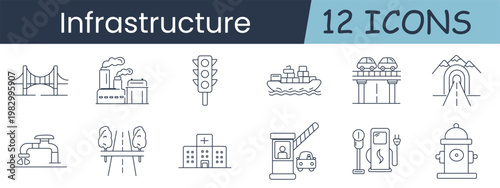Infrastructure set icon. Bridge, factory, traffic light, cargo ship, highway overpass, tunnel, water pipe, roadway, hospital building, checkpoint barrier, charging station, fire hydrant.