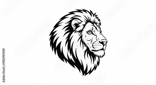 Stylized lion head with mane, profile view, bold black lines on white