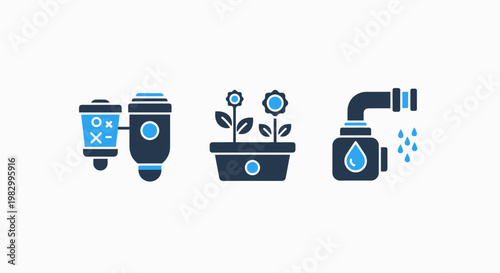 Industrial process monitoring and smart agricultural irrigation icons set with industry agriculture irrigation monitoring automation analysis maintenance optimization resource management