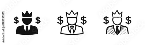 Wealthy Businessman with Crown and Dollar Signs Icon Set