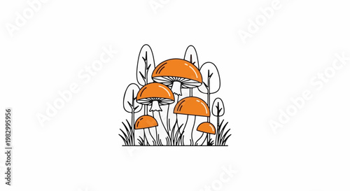 Stylized orange mushrooms with trees and grass in a minimalist style