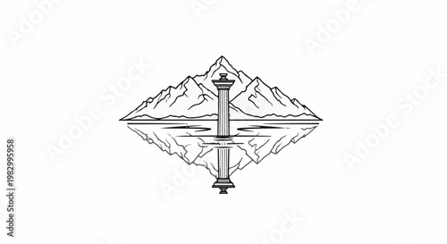 Stylized mountains reflected in water with a central column