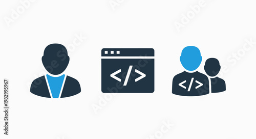 Coding and web development icons showing developer and script elements with developer programming software development computer technology brackets interface business internet application