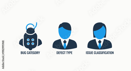 Software development bug tracking defect type and issue classification icons with software development classification tracking programming business assurance management technical database