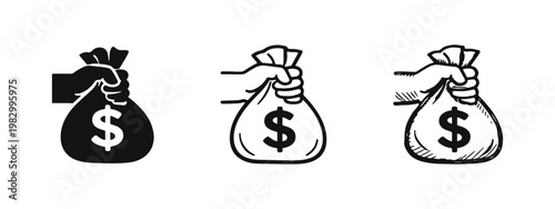 Hand Holding Money Bag Payment and Charity Concept Icon Set
