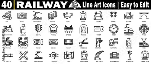 Comprehensive railway line art icon set. Containing clip panel pantograph freight horn engine tracks signal station bridge locomotive luggage and tunnels, vector illustration.