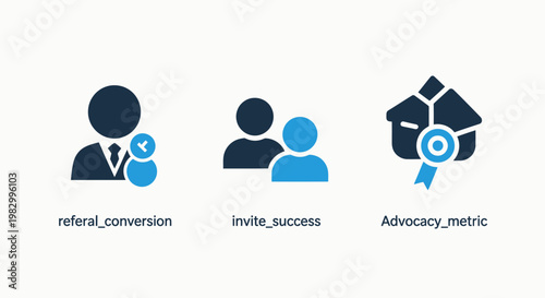 Set of business icons for referral conversion invite success and advocacy metrics referral conversion advocacy marketing business customer communication recommendation strategy analysis