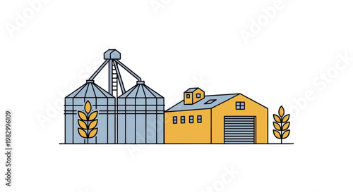 Grain Silos and Farm Building Outline Illustration
