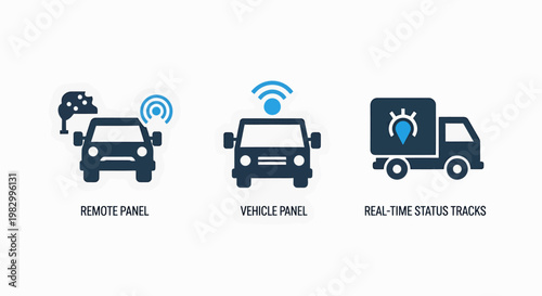 Connected automotive and logistics monitoring icons set featuring remote panel vehicle travel and real time status logs automotive logistics transport tracking connected transportation wireless