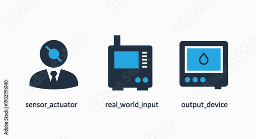 Industrial automation sensor and actuator system icons with actuator automation industry technology interface monitoring electronics engineering manufacturing components hardware variable