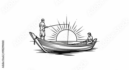 Two fishermen in a boat at sunrise with a fishing net and rod