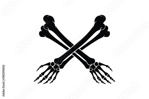 Illustration of crossed bones with skeletal hands gripping them in eerie design