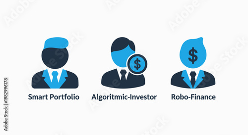 Smart portfolio and robo finance investment icons with investment portfolio automation algorithm business technology strategy management corporate analysis financial services planning