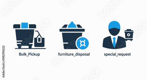 Waste management service icons set including bulk pickup furniture disposal and special request with disposal management recycling furniture collection container environment cleaning business