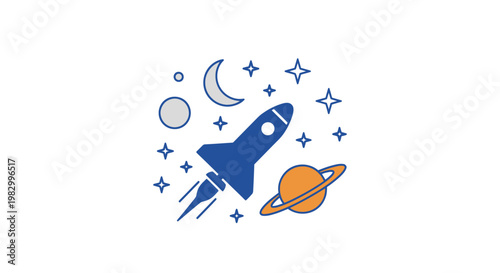 Flat illustration of a blue rocket ship launching through outer space with stars and planets