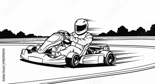 A person in a racing suit and helmet drives a go-kart on a track