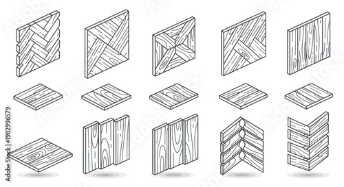 Isometric Wood Floor Patterns and Planks Vector Illustration Set