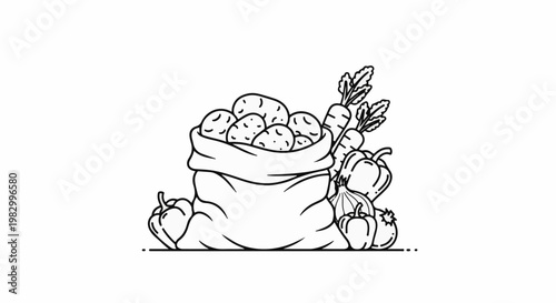 A burlap sack overflows with potatoes, carrots, onions, and peppers