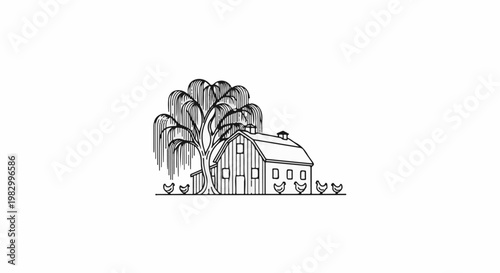 A rustic barn and weeping willow stand with chickens in a line