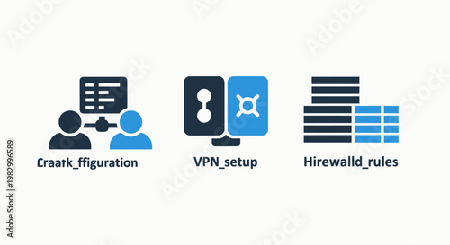 Set of network security and system configuration icons representing vpn setup and firewall rules with security firewall configuration internet protection connection protocol technology