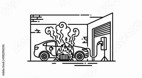 A car is engulfed in flames while connected to a charging station in a garage