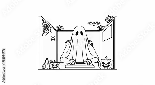 A ghost in office cubicle decorated for Halloween with pumpkins and spiderwebs