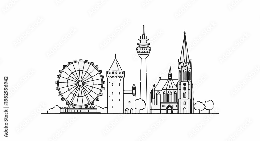 Obraz premium Stylized line art cityscape featuring a Ferris wheel, tower, and church
