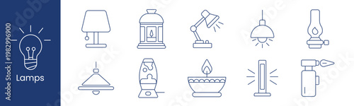 Lamps set icon. Collection with table, lantern, adjustable desk light, pendant, oil, ceiling lamp, lava lamp, candle bowl, tube light, blowtorch.