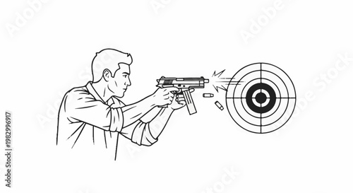 A man aims a handgun at a target, firing shots and ejecting casings