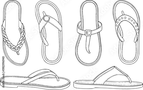 Collection of black and white line of different styles of flip flop sandals flipflop