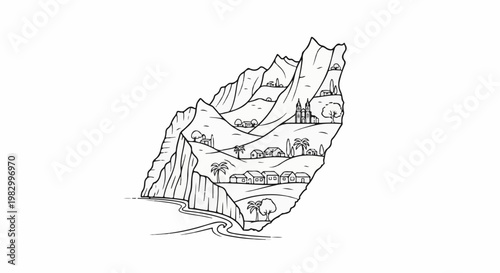 A picturesque island village nestled in lush green hills, by the blue sea