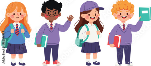 Cute School Kids Characters with Books and Backpacks, Happy Children in Uniform Vector Illustration for Education, Elementary Learning and Back to School Design.