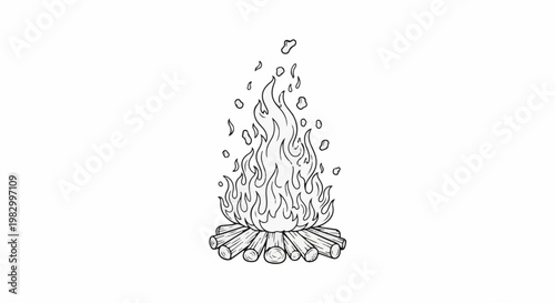 A rustic drawing of a campfire with logs and lively flames