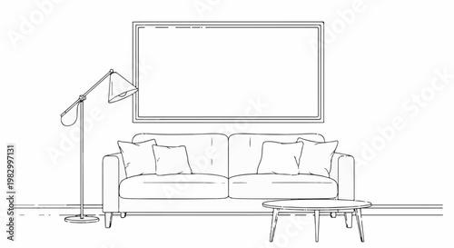 Minimalist sketch of a living room interior featuring a sofa, coffee table, and lamp
