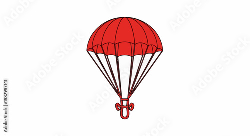 A simple red parachute is depicted, ready for descent