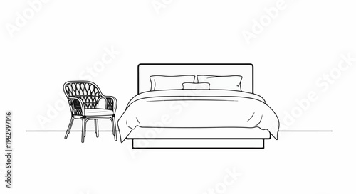 A minimalistic drawing of a bed with pillows and a cane chair