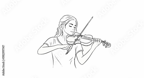 A young woman plays the violin with her eyes closed, her hair flowing