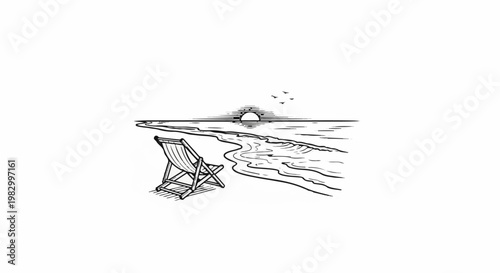 A solitary beach chair faces the tranquil ocean at sunset with birds overhead