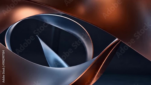 Abstract 3D rendering of curved metallic shapes in copper and blue, with smooth textures and reflective surfaces, creating a modern minimalist design with flowing forms and elegant gradients.