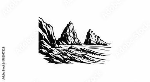 Dramatic coastal scene with jagged rock formations and rough waves