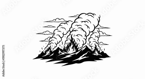 Dramatic mountain eruption spewing fire and thick smoke into cloudy skies