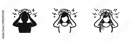 Stressed Woman with Headache Icon Set, Anxiety and Mental Pressure Concept