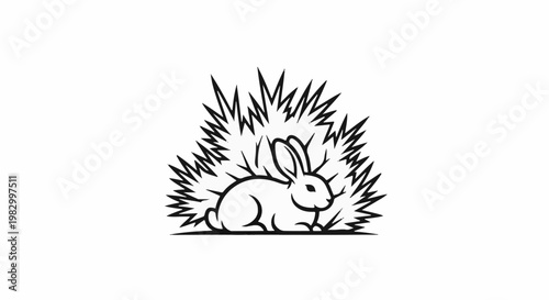 A simple black and white illustration of a rabbit in tall grass